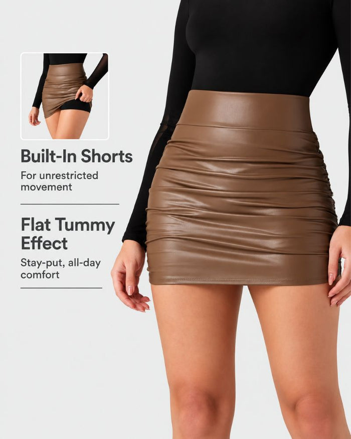 Women's Ruched Mini Skirt with Built-In Shorts and Tummy Control