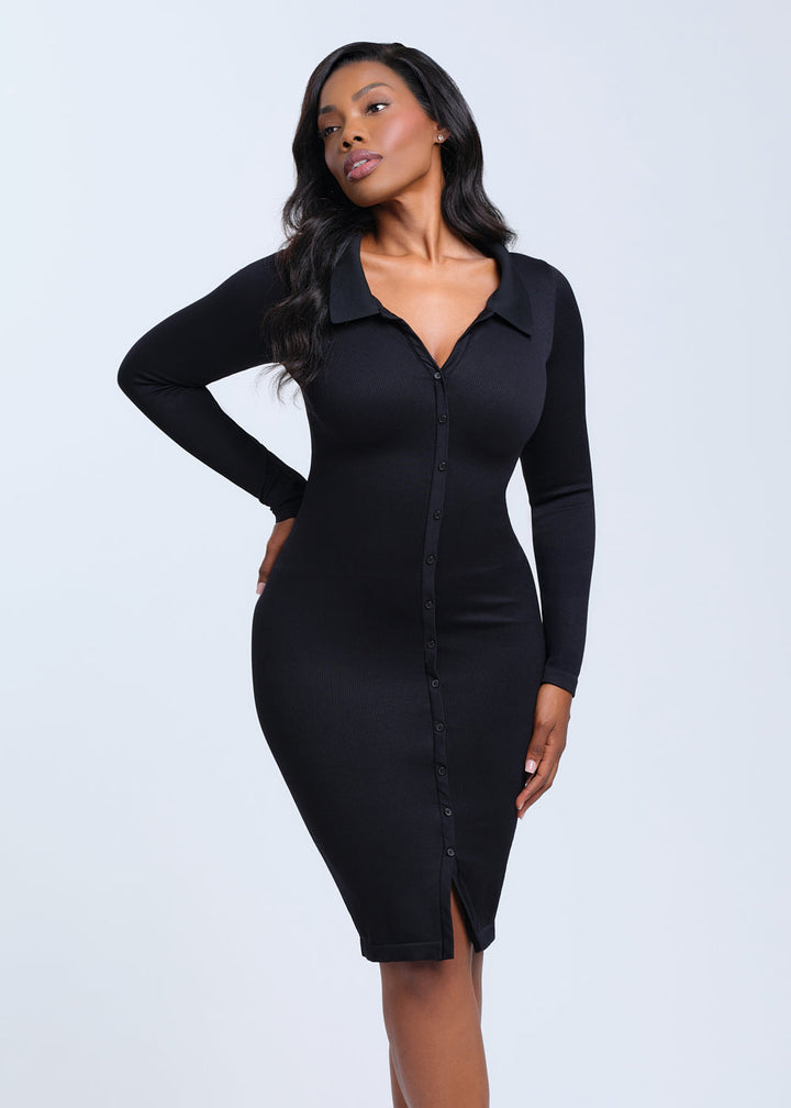 SnatchedKnit Front Button Collar Midi Dress