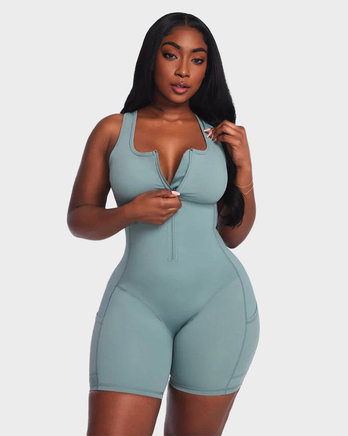Women's Zip-Front Romper with Scoop Neckline and Shorts