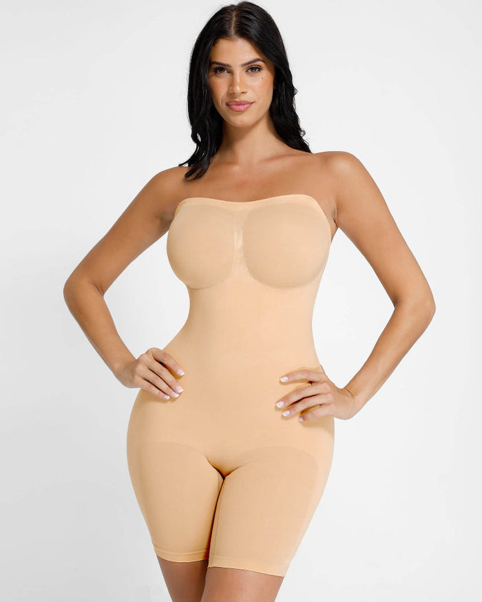 Women's Seamless Strapless Bodysuit Shaper with Mid-Thigh