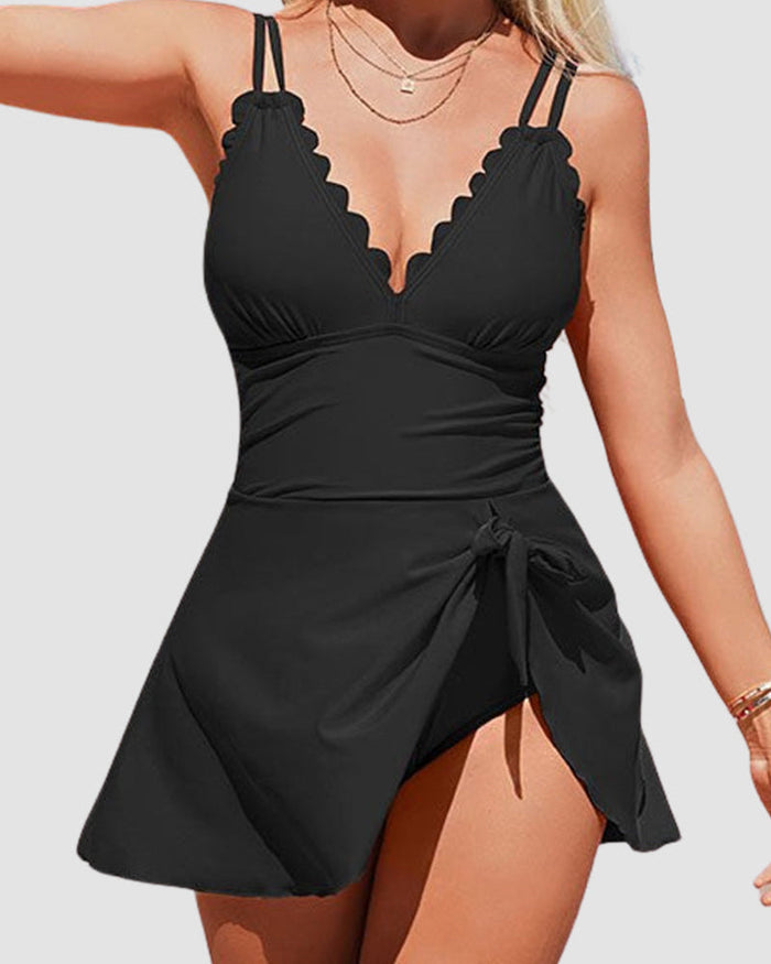 Women's Scalloped Swimdress with Ruched Waist Detail