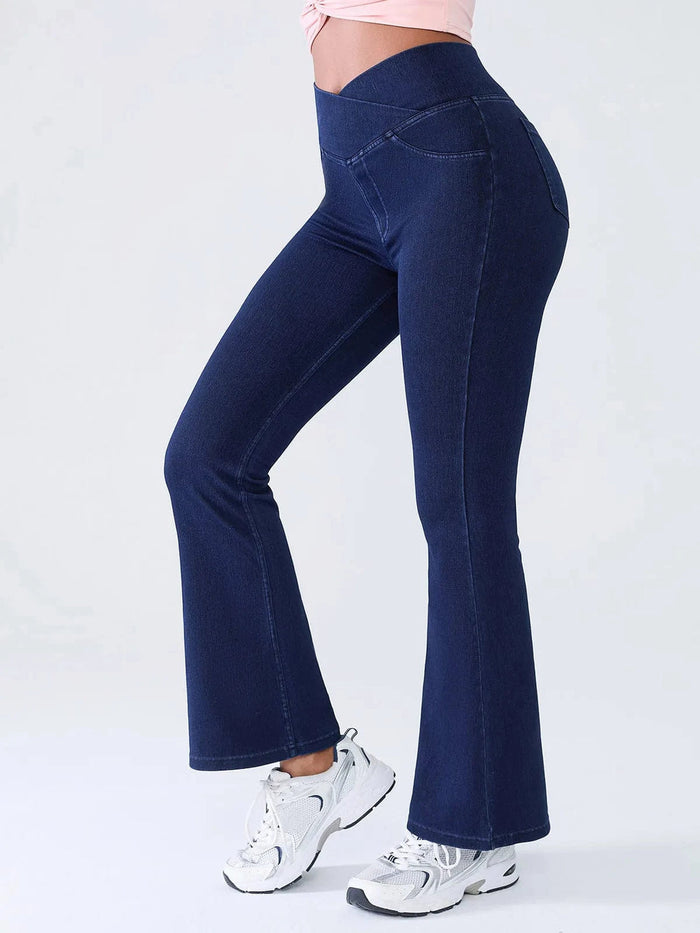 Women's High-Waisted Bootcut Flare Jeans with Crossover Waist