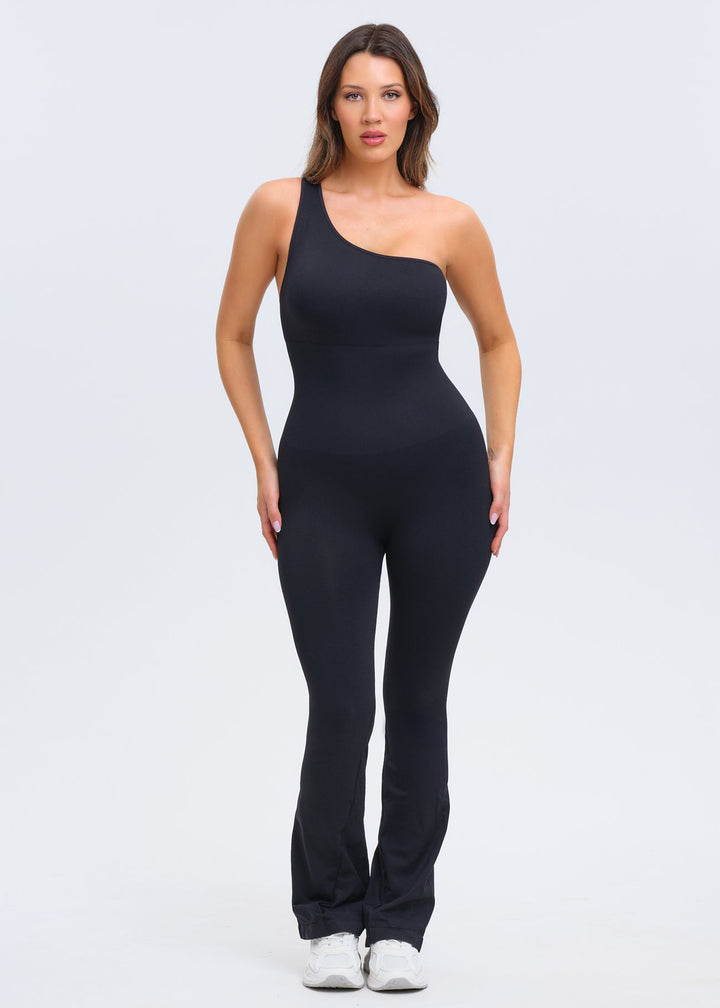 SnatchedKnit One-Shoulder Flare Jumpsuit
