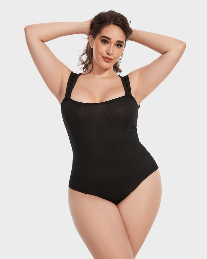 Women's Square Neck Ribbed Bodysuit Snap Closure