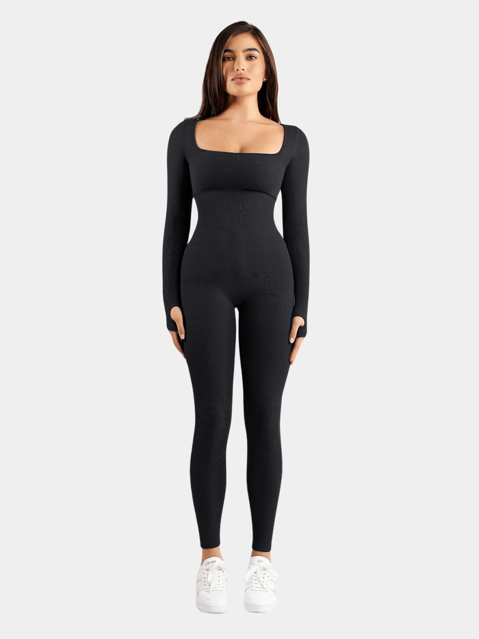 Women's Ribbed Jumpsuit Square Neck Long Sleeve Bodysuit